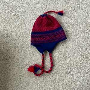 Knit Red and Blue Winter Hat with Ear Flaps